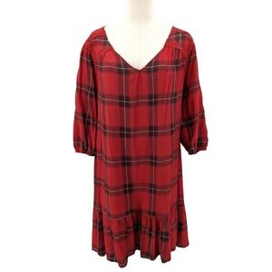 Red Plaid Boho Mini Dress Flowy Ruffle Hem Peasant Sleeve XL‎